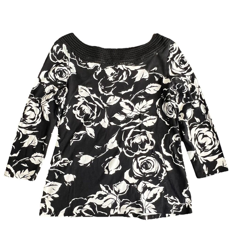 Lauren Ralph Lauren Shirt Women's M Black White Floral Pattern 3/4 Sleeve‎